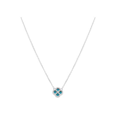 Collier trèfle en argent rhodié, turquoise d'imitation et oxydes de zirconium