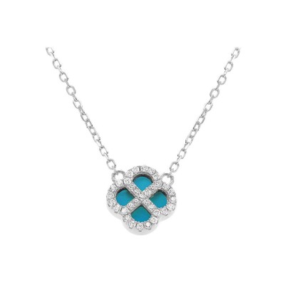 Collier trèfle en argent rhodié, turquoise d'imitation et oxydes de zirconium
