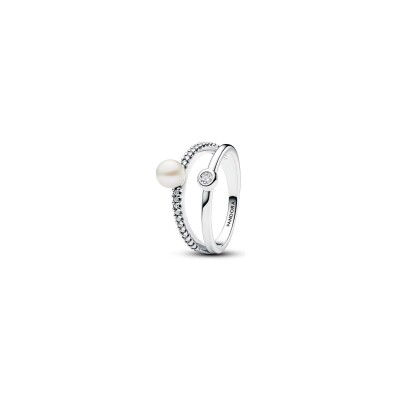 Bague Pandora Double en argent, perle d'eau douce et oxyde de zirconium, taille 52