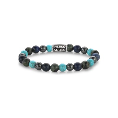 Bracelet Rebel & Rose Stones Only en acier, turquoise de synthèse, rhyolite, sodalite bleue et hématite grise, taille L